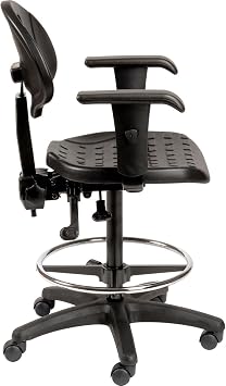 Global Industrial Interion Polyurethane Task Stool with Adjustable Arms, Mid Back Home Office Chair with Lumbar Support, Height Adjustable, Drafting Chair with Footrest, Black