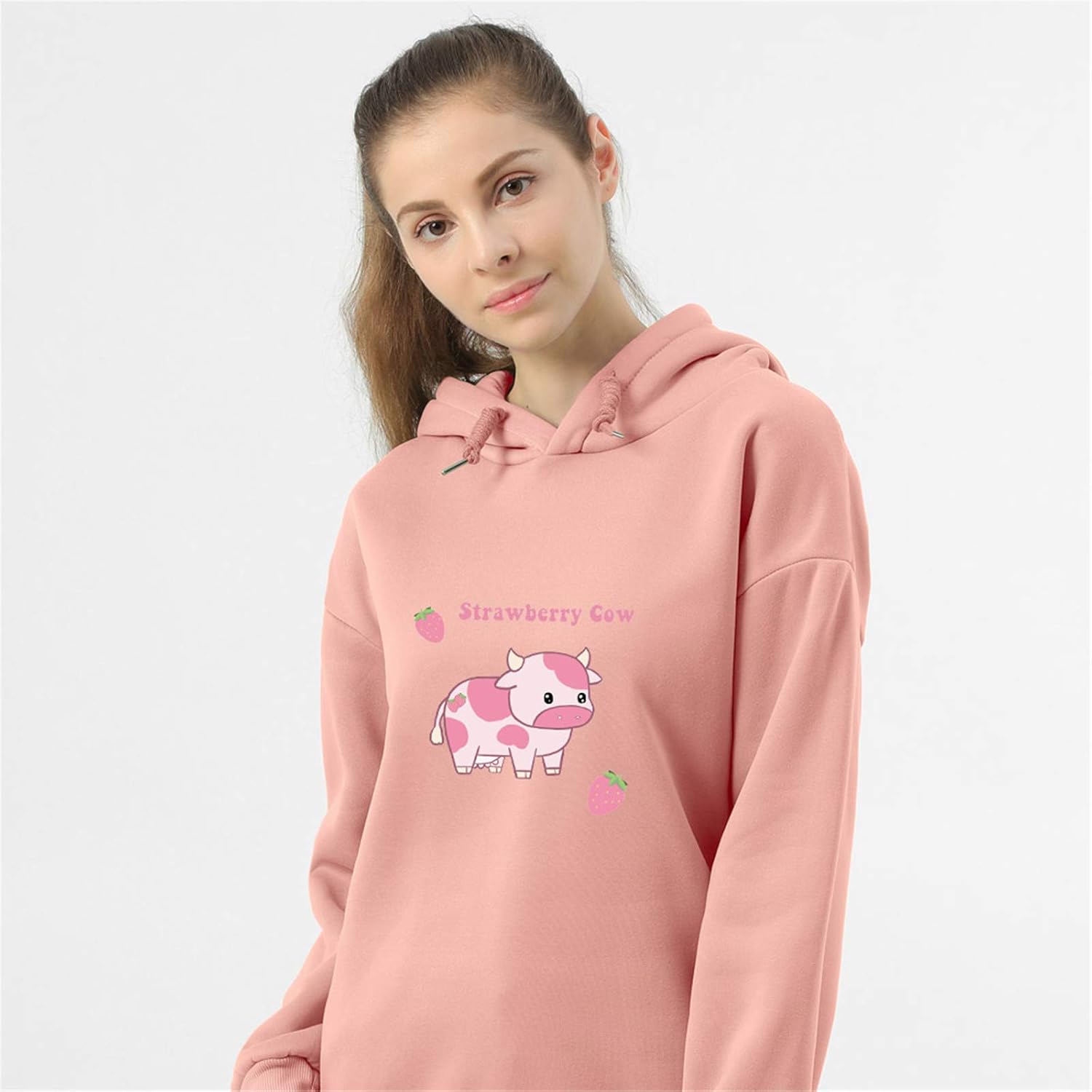 KEEVICI Pullover Sweatshirts for Women Cute Strawberry Cow Print Hoodie Casual Fuzzy Top - Image 2