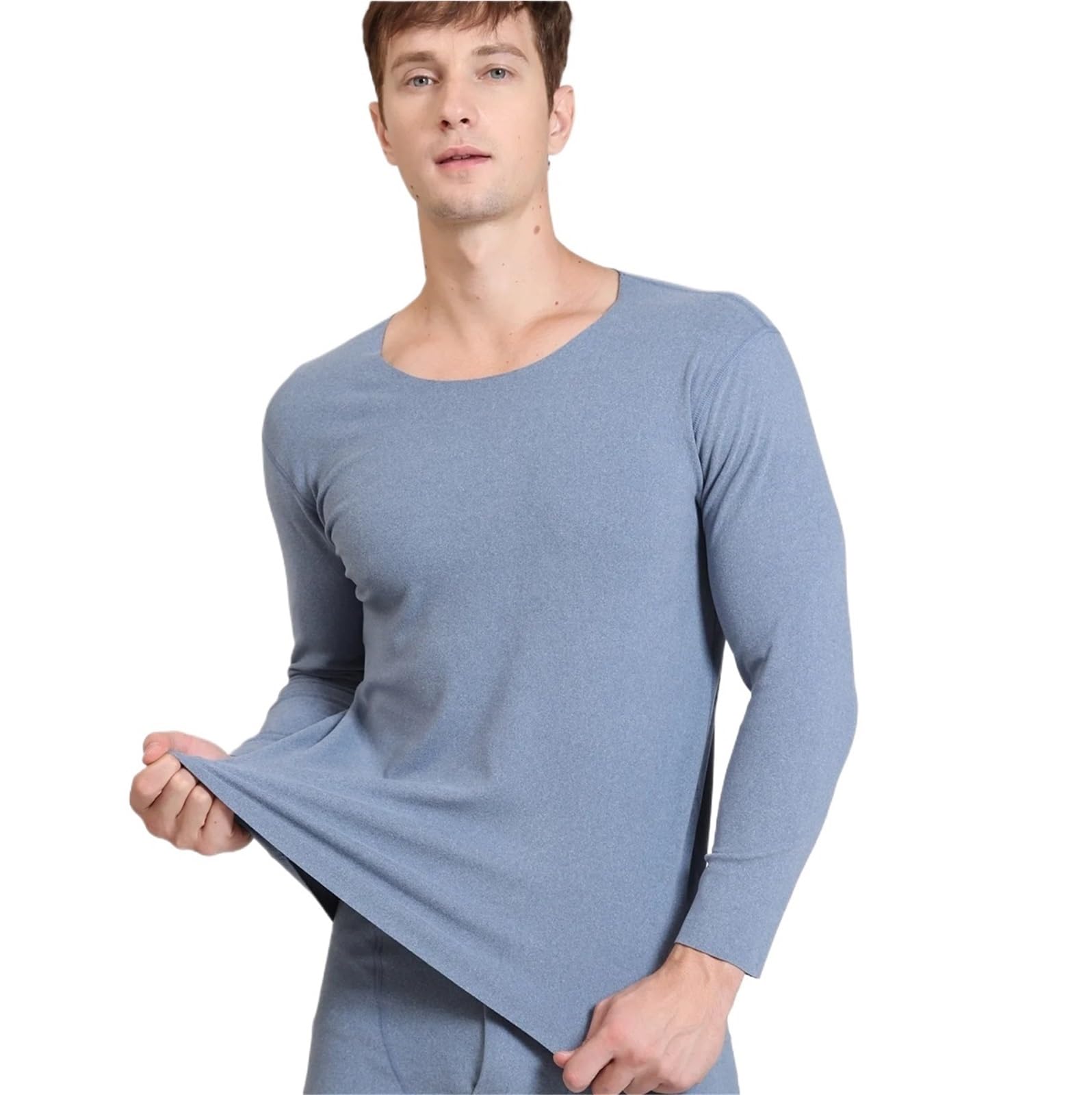 Conjuntos Térmicos Para Hombre Otoño Invierno ropa interior térmica de manga larga sin costuras for hombre talla grande cuello redondo ropa fina de otoño Top Para El Running, El Esquí(Sky Blue,4XL (85
