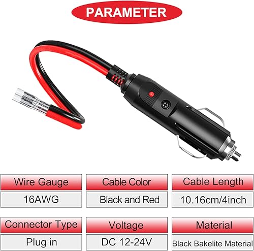 Miniatura 2 de Enchufe de repuesto para encendedor de cigarrillos macho de 12 V, enchufe macho de repuesto para encendedor de cigarrillos macho, con cables, luz