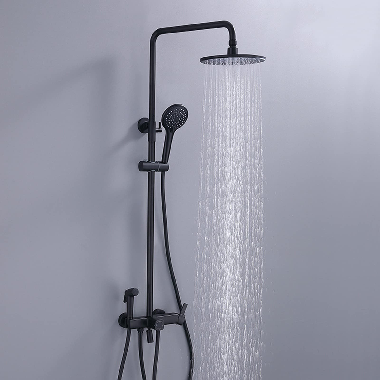 Sistema Doccia Nero, Set Rubinetto Doccia A Parete con Soffione Doccia A Pioggia Tondo E Doccetta, Colonna Doccia Monocomando in Ottone con Doccetta Bidet