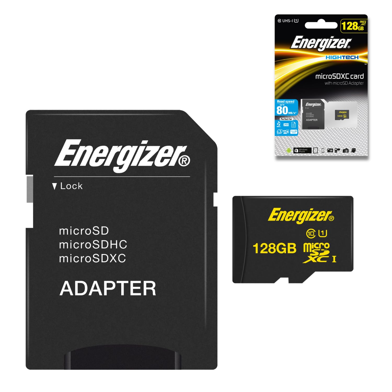 Energizer Carte Mémoire MicroSDXC 128 Go avec Adaptateur SD Inclus - Classe 10, UHS-I U1, Vitesse de Lecture 80 Mo/s - Stockage pour Smartphone, Tablette, Nintendo Switch et Appareil Photo