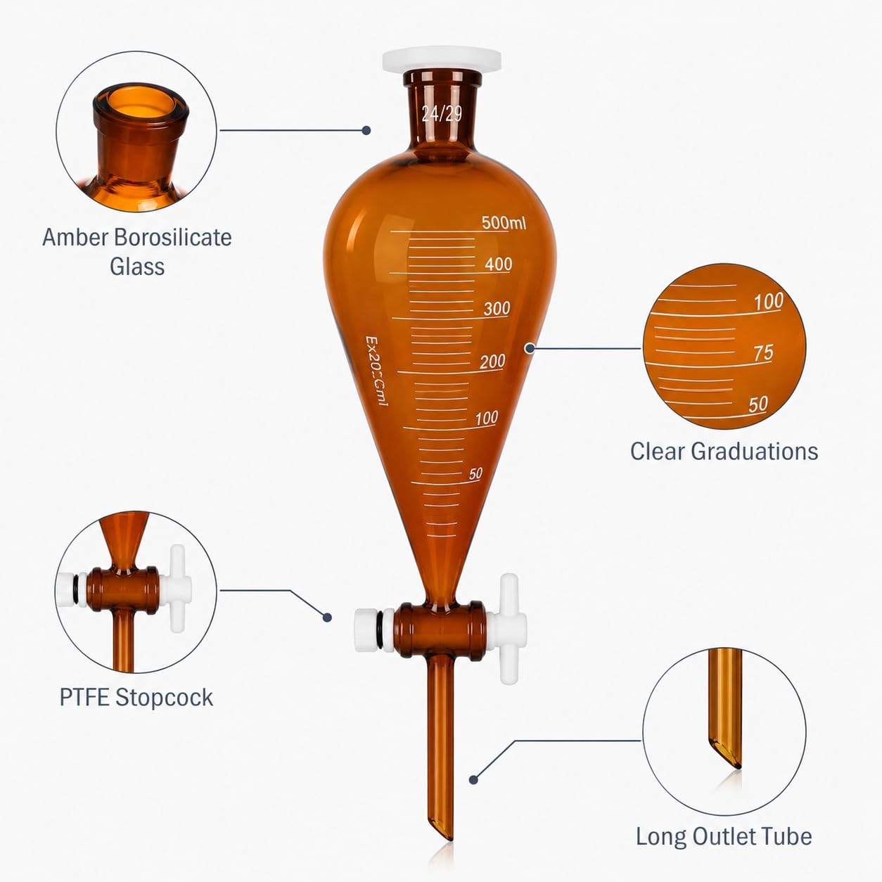Braunglas Scheidetrichter Borosilikatglas mit PTFE Hahn Laborkolben-5000ml GL45