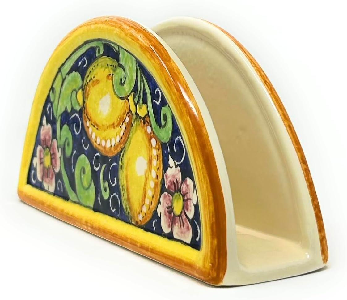 CERAMICHE D'ARTE PARRINI - Italian Ceramic Art Pottery Napkin Holder Hand Painted Pattern Lemons Made in Italy Tuscan