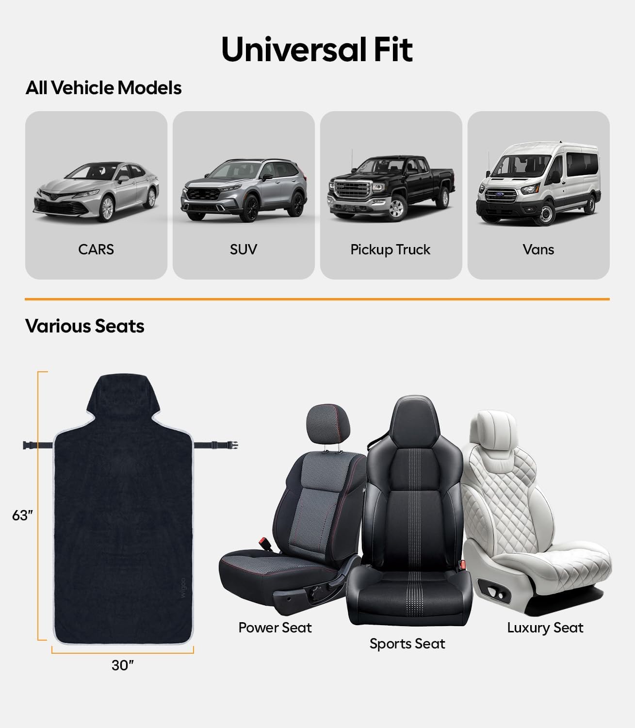 Wigoo Microfiber Car Seat Cover Towel- Waterproof & Sweatproof, Odor-Proof, for Use After Gym, Universal Fit, Machine Washable, Non-Slip Backing, Seat Covers for Car, Truck, SUV, Van (1 Pack, Black)