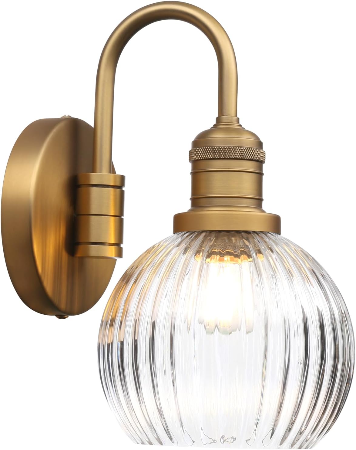 Yosoan Aged Brass Gold Boho Vintage Bathroom Wall Sconce with Striped Shade, 1-Light Indoor Hardwired Vanity Wall Mounted Fixture with Round Glass Lamp for Bedroom Mirror Living Room(Antique)