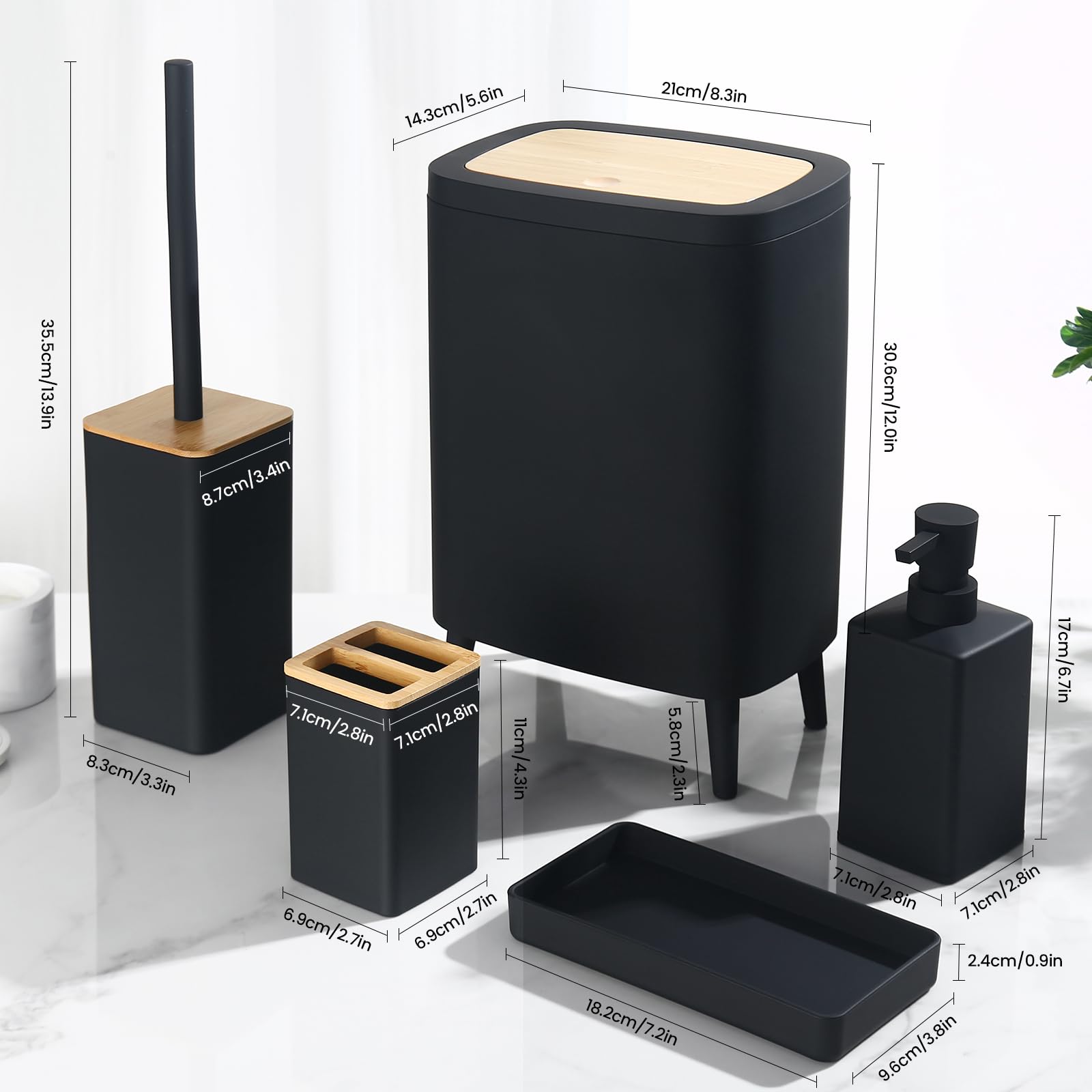 Set Bagno Accessori Completo Nero, Accessori Bagno Bamboo 5 pezzi - Pattumiera Bagno con Gambe, Dispenser Sapone e Porta Spazzolini, Scopino e Porta, Vassoio da Vanity (Nero)