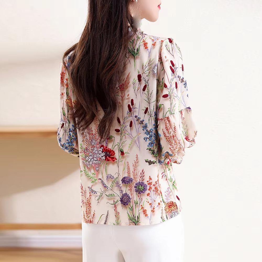 Women's Floral Printed Blouse Summer Comfortable Streetwear Silk Shirt Casual Pullover Top