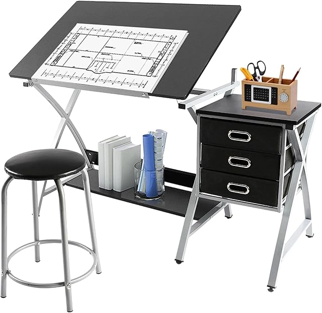 Yaheetech Adjustable Height Drawing Table Desk Tiltable Drafting Table Work Station Craft Table with Storage Drawers and Stool