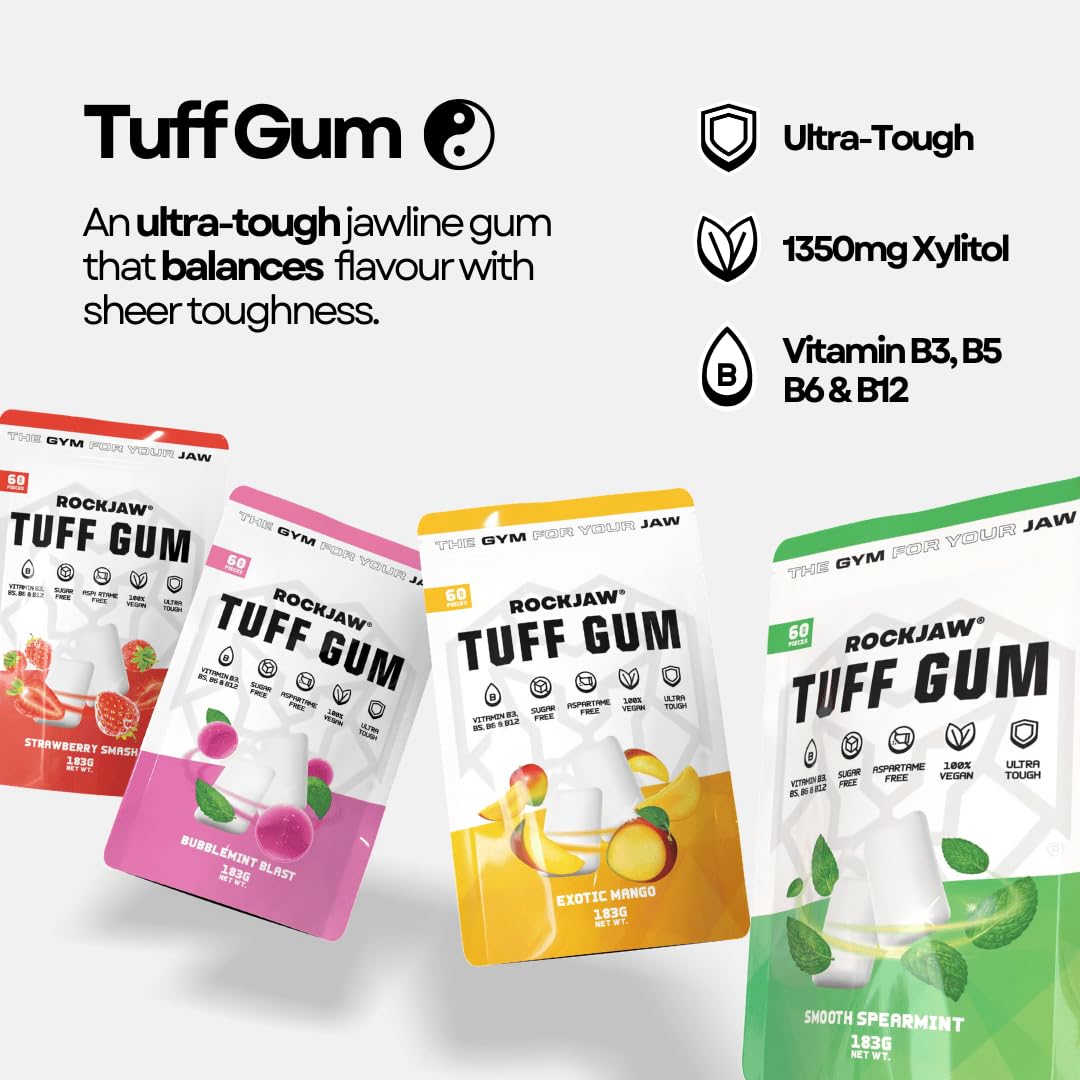 ROCKJAW® Jawline Gum Tuff Gum 2.0 complexe de vitamines B sans aspartame sans sucre xylitol 2 mois d'approvisionnement mangue exotique