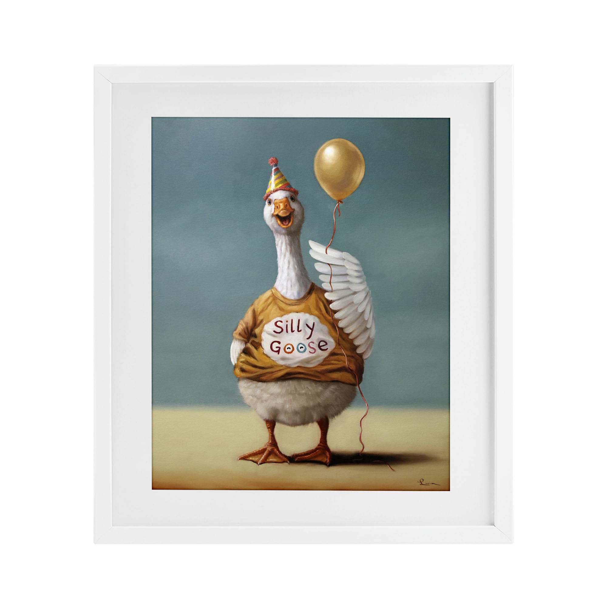 Stupell Industries 'Silly Goose with Balloon', Framed Print Under Glass, White, 13 x 16 Inches, Easy to Hang and Sturdy, Made in USA, by Lucia Heffernan