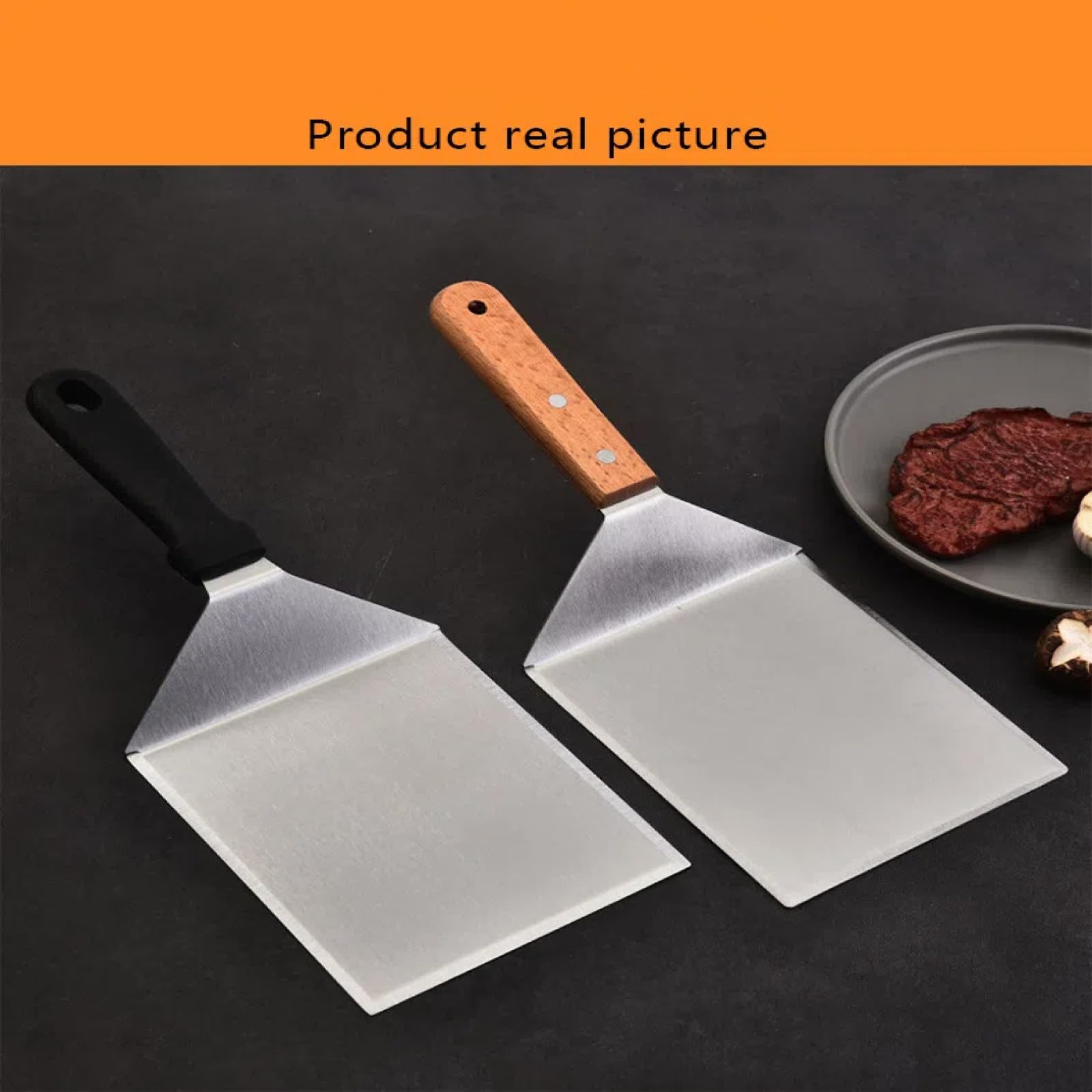 1 x BBQ-Pfannenwender, Holz-/Kunststoffgriff aus Edelstahl, Flache Oberseite, breite, abgeschrägte Kante, Grillaufsatz zum Pürieren von Hamburger-Steak-Pfannkuchen
