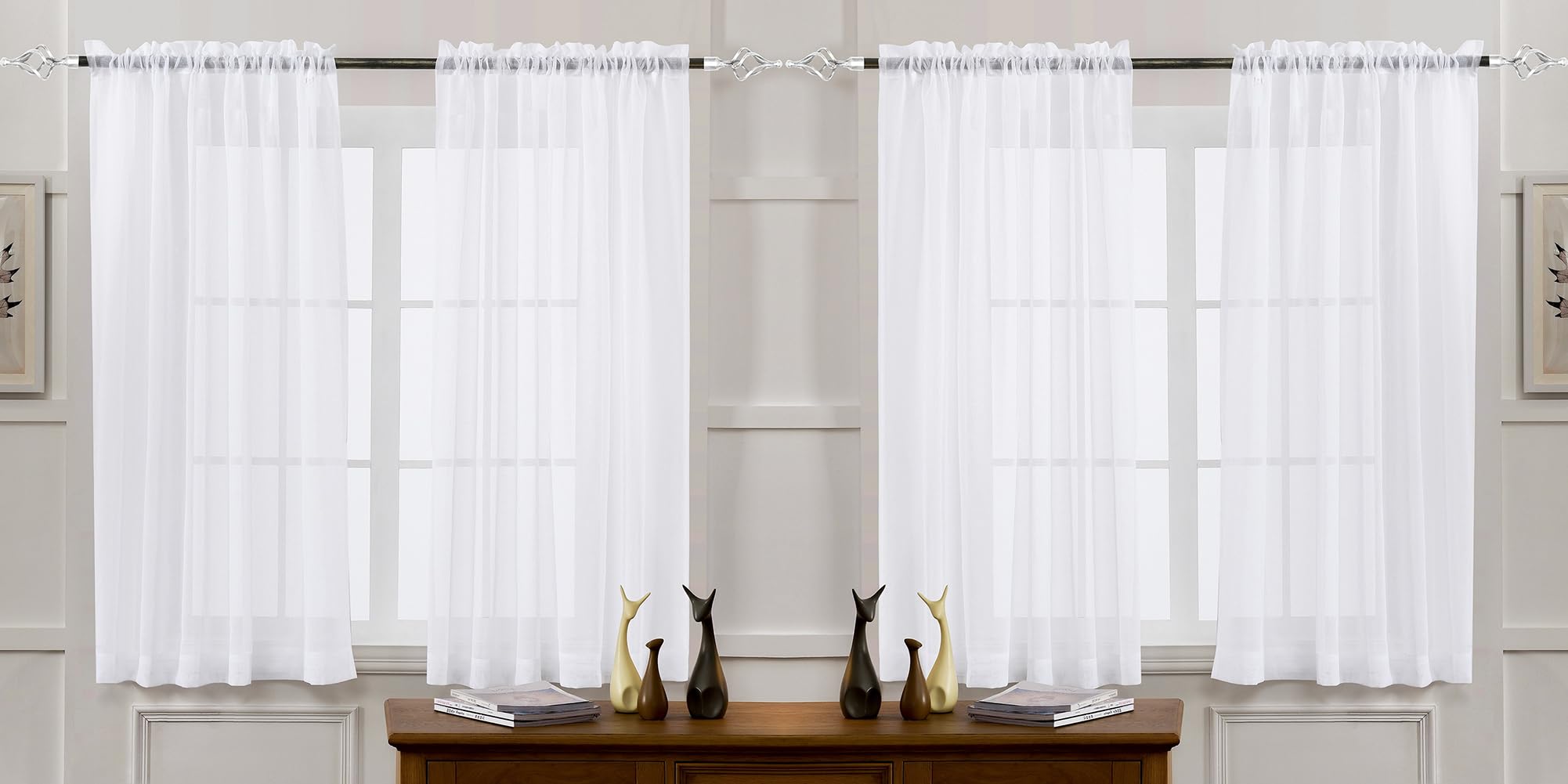 White Sheer Tulle Curtains - 4 Panel Sets, 63 Inch Long, Rod Pocket, for Bedroom & Living Room, 52 W x 63 L