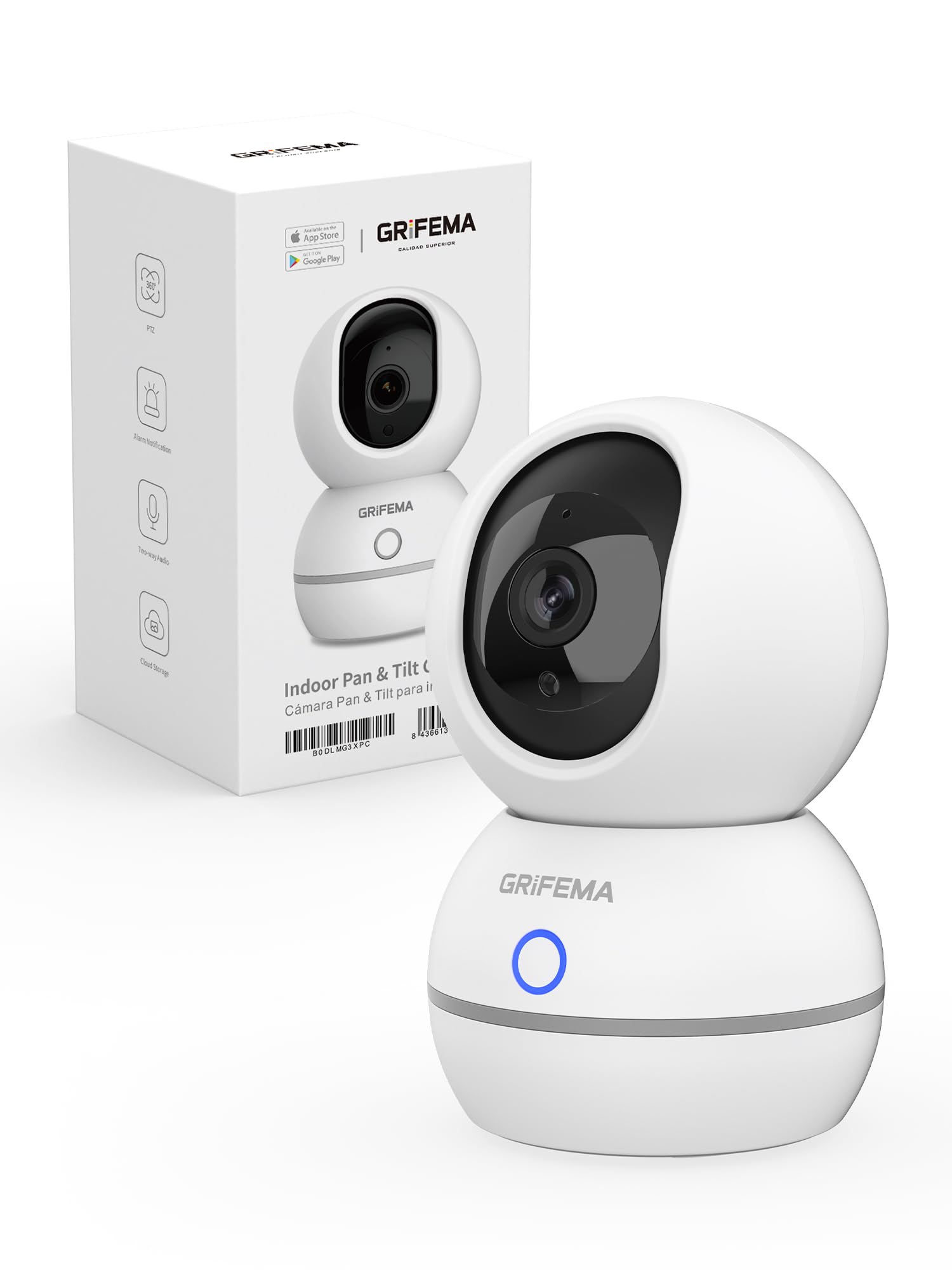 GRIFEMA Cámara Vigilancia WiFi Interior 360°, 1080P(3MP) con Visión Nocturna 10m, Detección Humana/Sonido, 3D Reducción Ruido, Almacenamiento SD/Nube, Modo Privacidad para Bebé/Mascotas, GD701