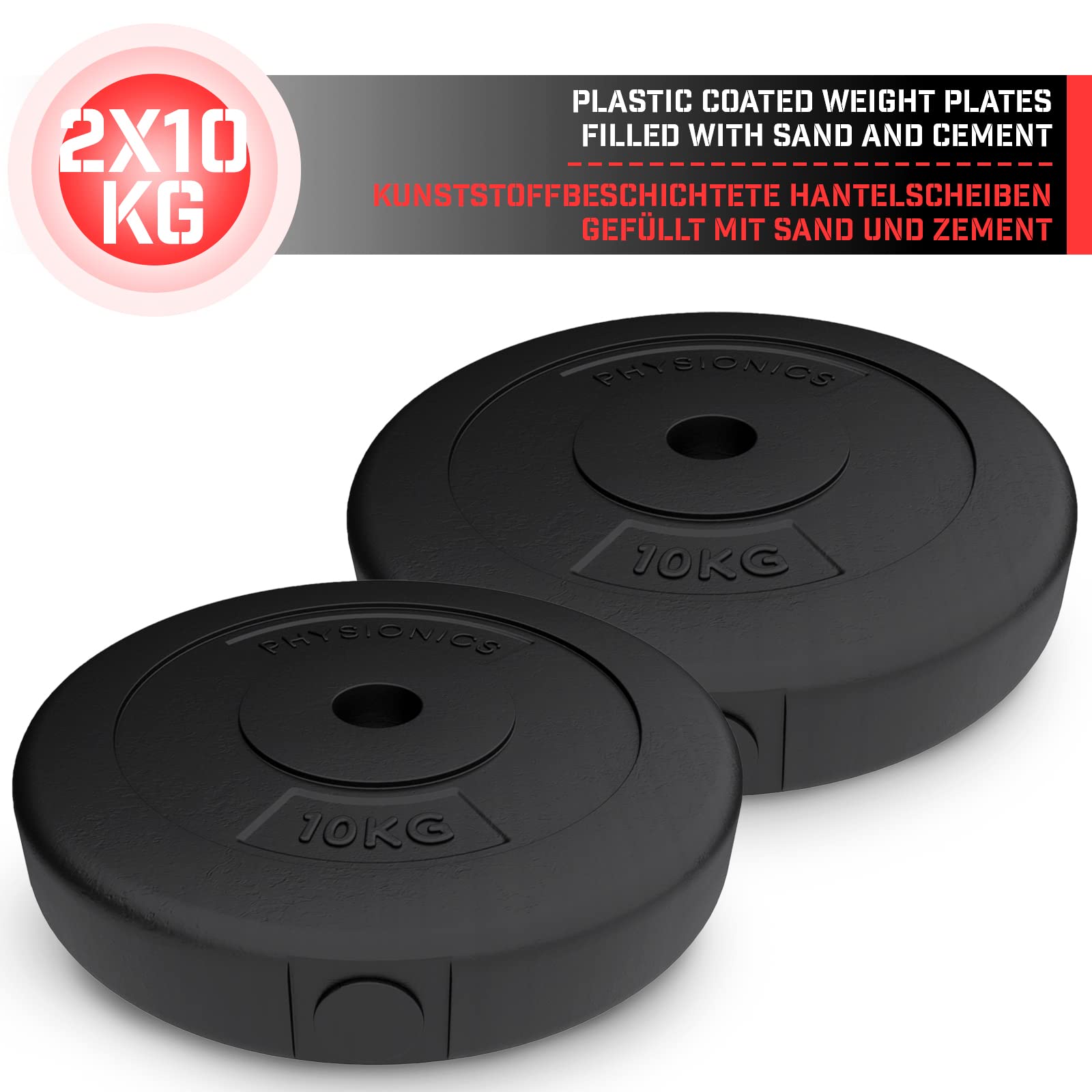 Physionics® Disques Poids - Set 2 x 2,5/5/10/15kg, Ø 31mm, Revêtement en Plastique - Plaques pour Haltères, Fitness, Musculation (2 x 10kg)