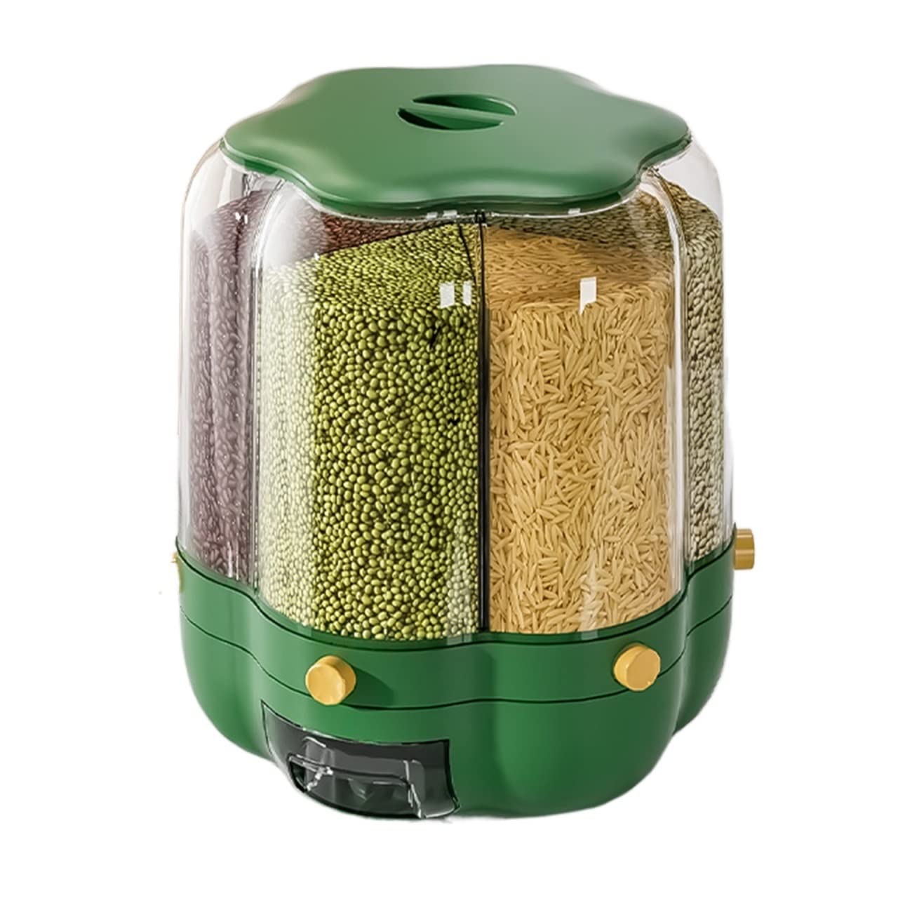 Contenitori per Alimenti Ermetici Girevole Dispenser per la conservazione del grano - Rotondo Trasparente 6 griglie Distributore di riso, Uscita con un clic per cereali/fagioli, Multifunzionale
