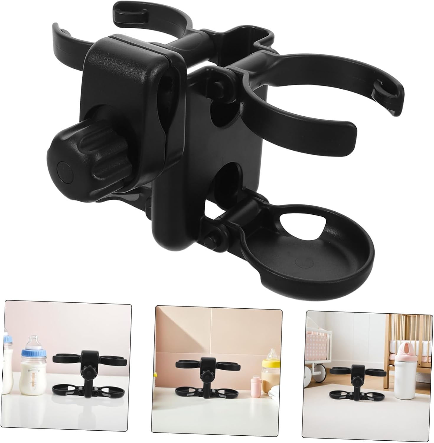 Stroller Cup Holder Attachment with Antislip Grip Bottle Holder for Prams Walkers Wheelchairs Portable Beverage Organizer for Bottle and Phone Black