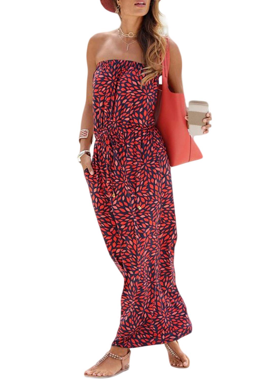 Minetom Damen Sommerkleider Trägerlos Boho Maxi Lang Kleid Ärmelloses CocktailKleid Strandkleid Lang mit Tasche