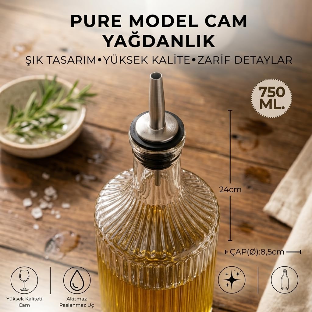 Deconox 2'li Pure Model Şeffaf Cam Yağdanlık Seti - Optikli (Çizgili) Tasarım, Paslanmaz Akıtmaz Uçlu Yağ ve Sirke Şişesi (750 ml x 2 Adet)