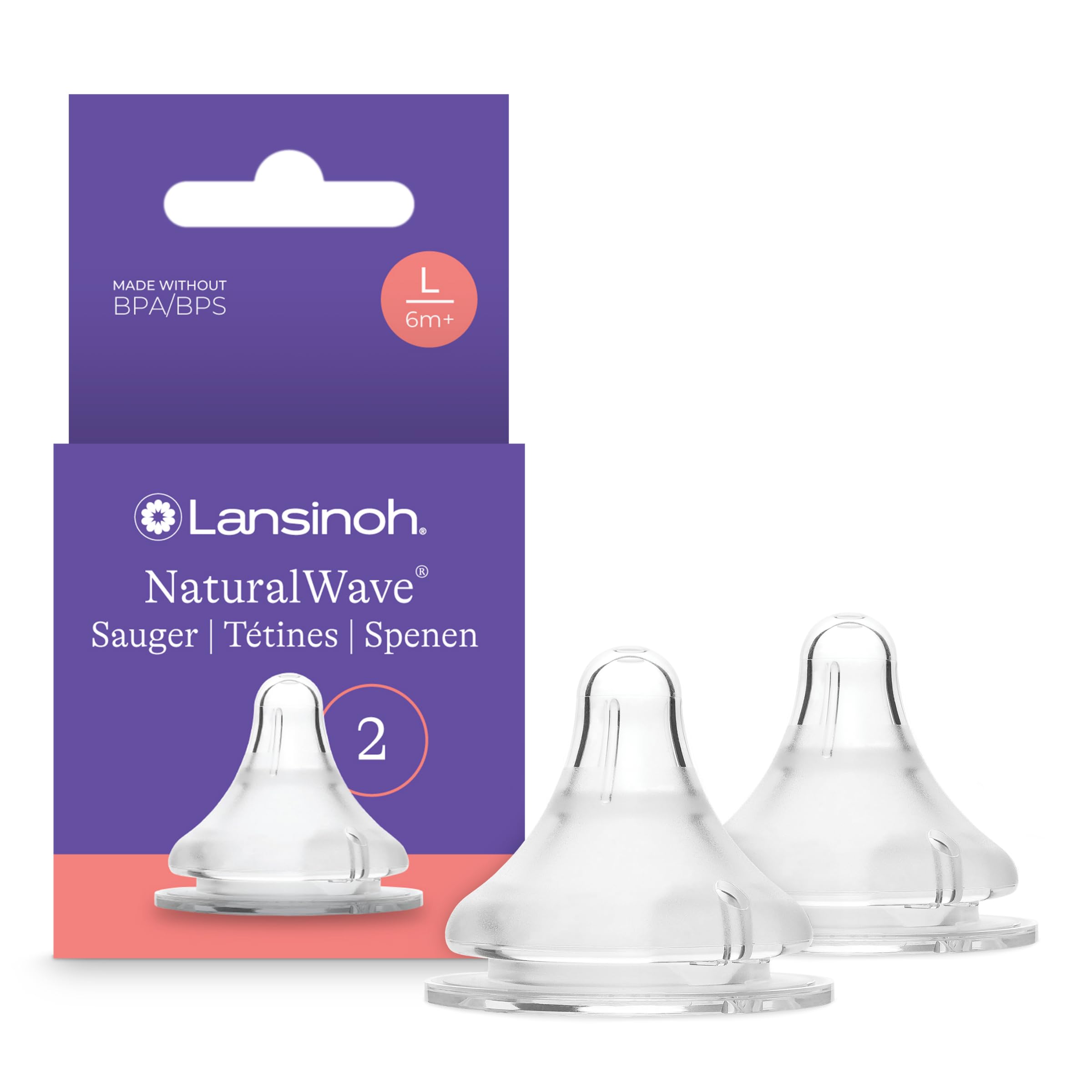 Lansinoh - Tétines NaturalWave Débit Rapide x2 - Silicone Souple - Réduit la Confusion Sein-Tétine - Favorise Succion Naturelle - Compatible Biberons NaturalWave - Pour nouveau-nés