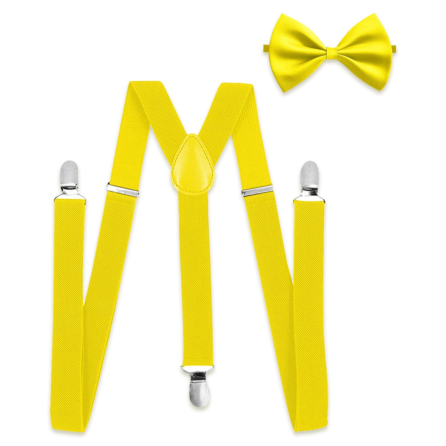 Gaomumu Boys Yellow Suspenders And Tie Set, Adjustable Y-Back Braces With Strong Clips & Matching Necktie,Suspender Belt For Kindergarten Performances,Solid Color Bow Ties For (Yellow)