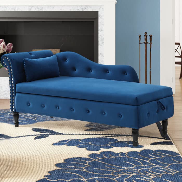 Rose Modern Multifunctional Storage Sofa Bench Couch Velvet Tufted Chaise Lounge with 1 Pillows for livingroom Bedroom Office (Blue)