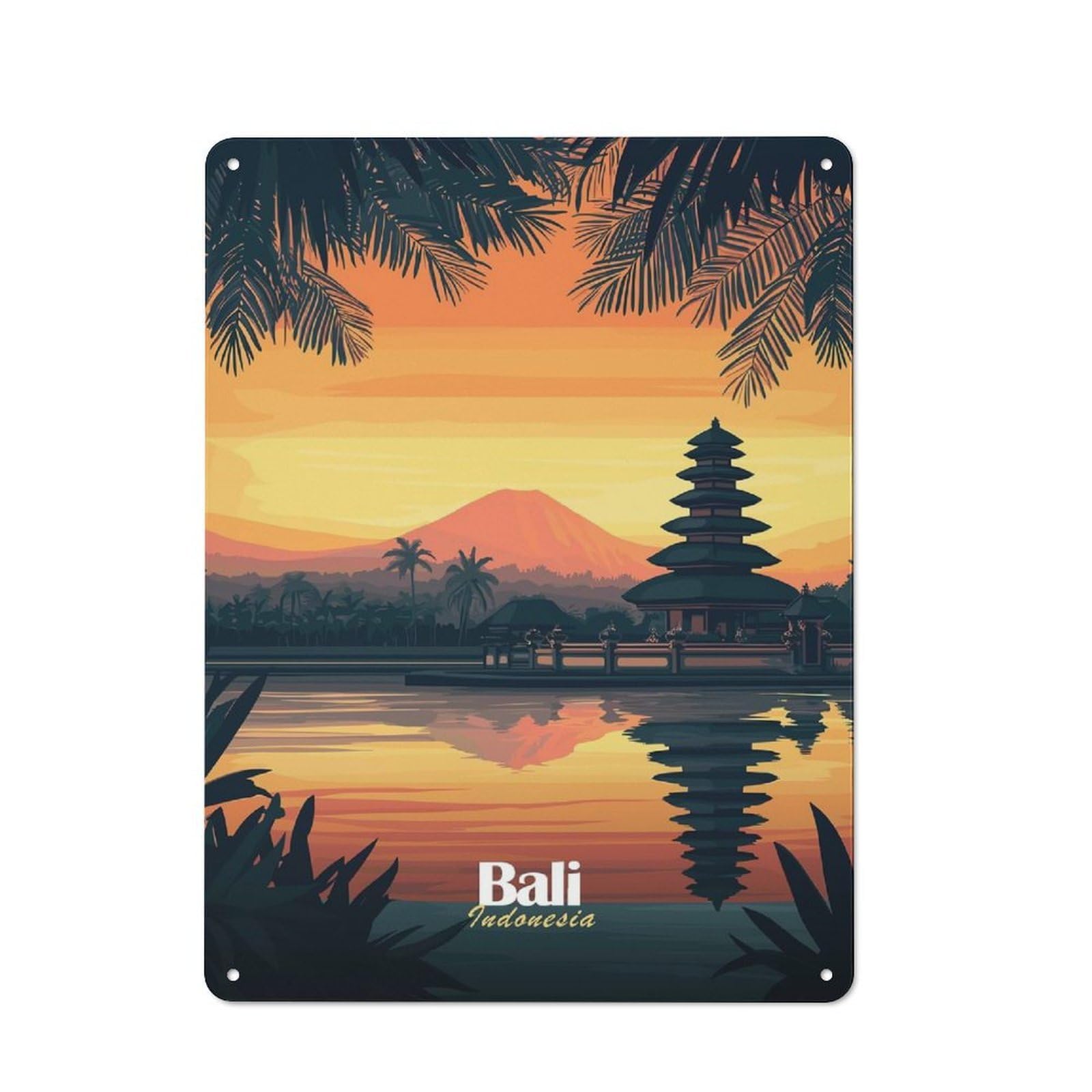 Junmoney Style Loft Metal Wall Art Sign 40X30cm Featuring Bali Temple Sunset, Urban Room Decor For Loft, Studio, Office Or Creative Room