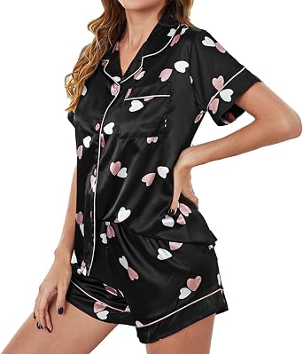 ICNGLKSND Women Satin Heart Short Pajama Set 2PCS Lounge Lingerie with Chest Pocket Button Up Nightshirt Baggy Bottom Shorts