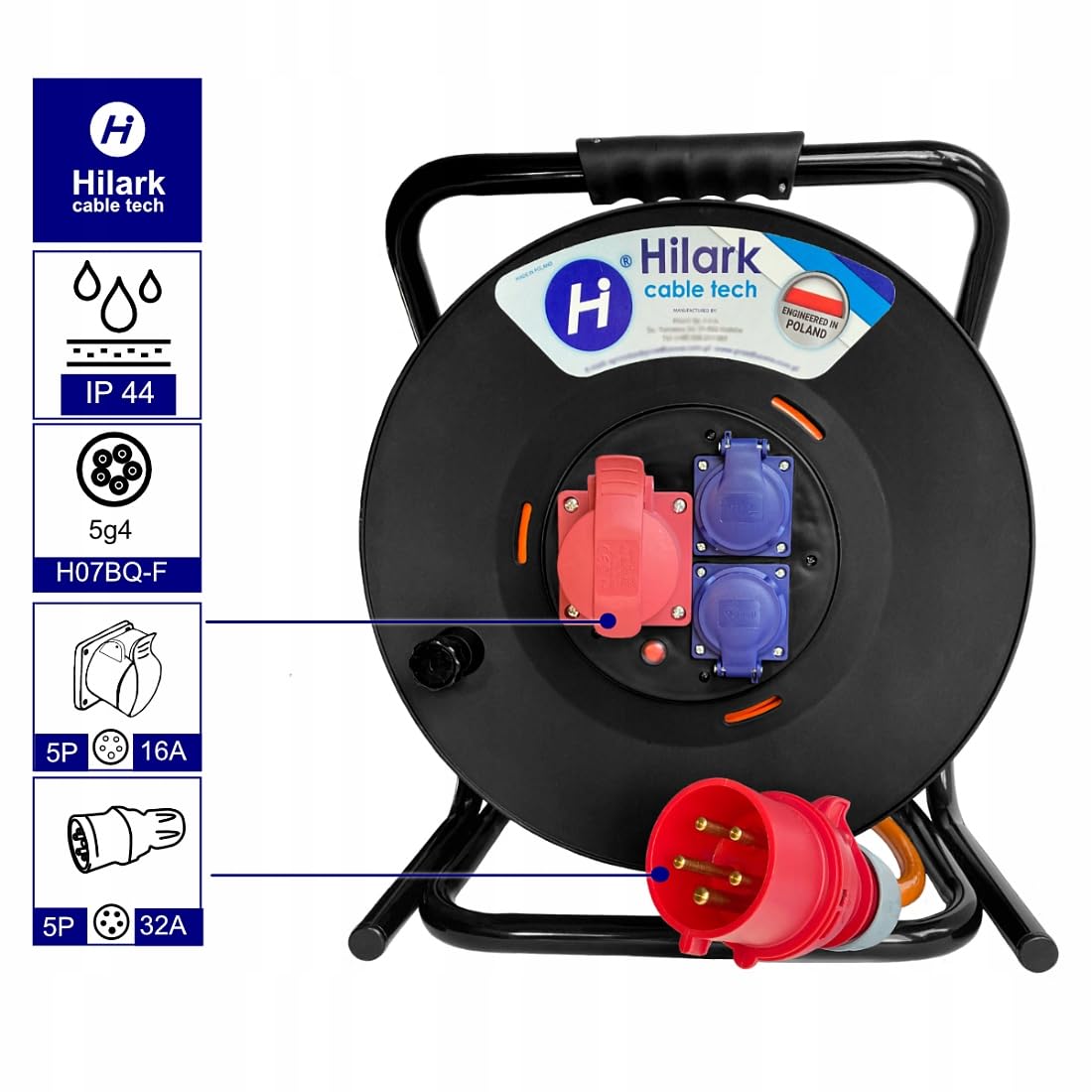 Hilark Cable Tech Przejściówka siłowa 32A, adapter siłowy 5P na 16A 5P IP44 10M