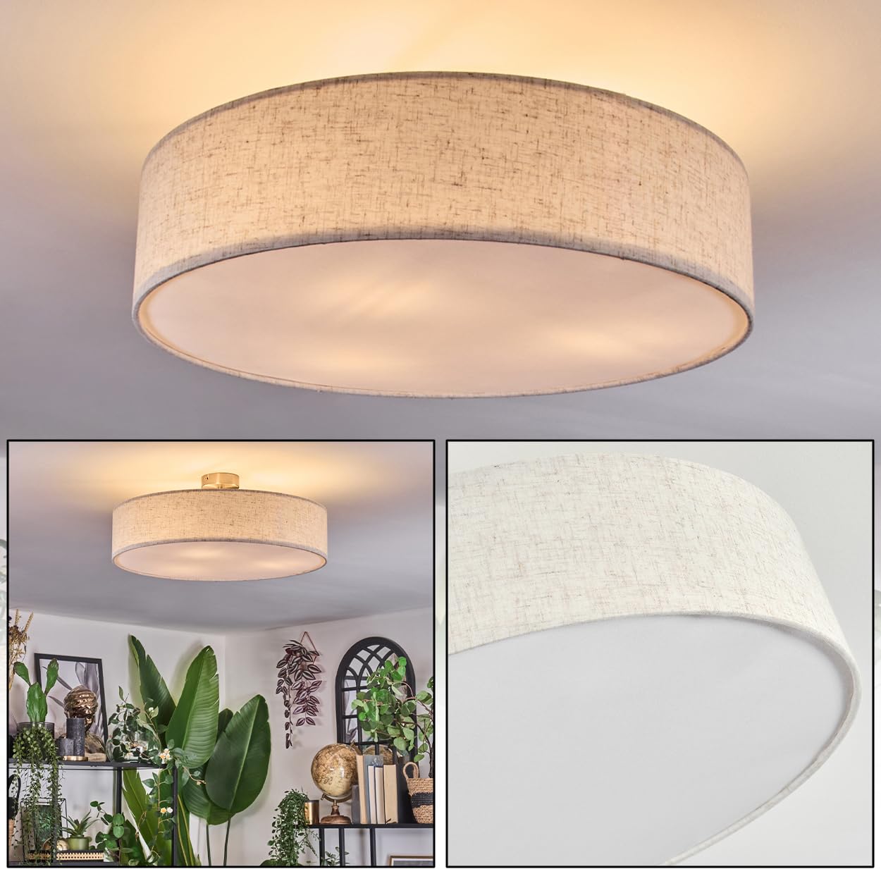 HOFSTEIN Deckenleuchte Foggia, Deckenlampe aus Metall/Kunstleinen/Kunststoff in Nickel-matt/Natur/Beige/Weiß, moderne Leuchte (Ø 50cm), E27, Esszimmer, Wohnzimmer, Schlafzimmer, Küche, Flur