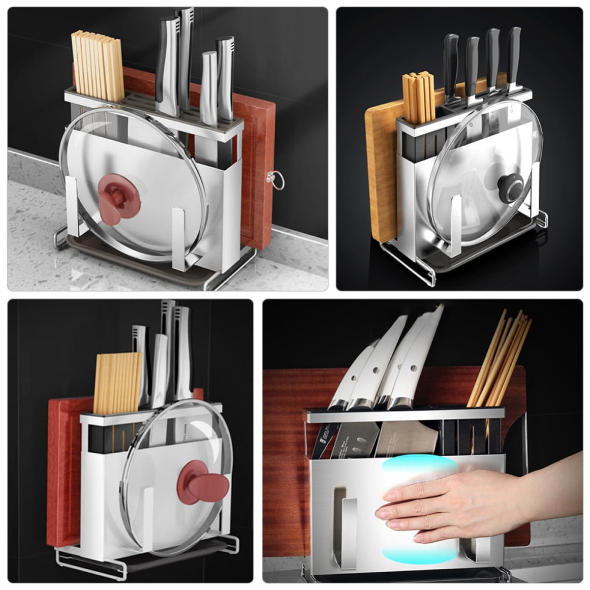 POPETPOP Support de Rangement en Acier Inoxydable pour Couteaux et Baguettes Planche à Découper et Porte-couvercle, Facile à Nettoyer Organiser Cuisine