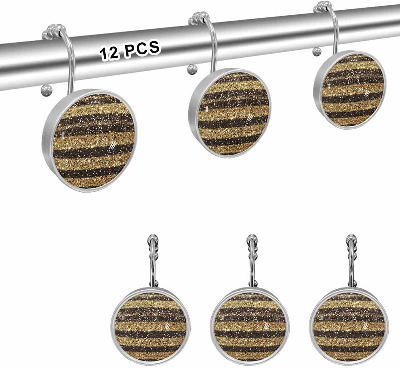 Shower Curtain Hooks 12 Pcs Golden Polka Dot Striped Texture Holiday Decoration Stainless Steel Rust Proof Rolling Shower Curtain Rings, Decorative Shower Curtain Hooks Hangers for Bathroom