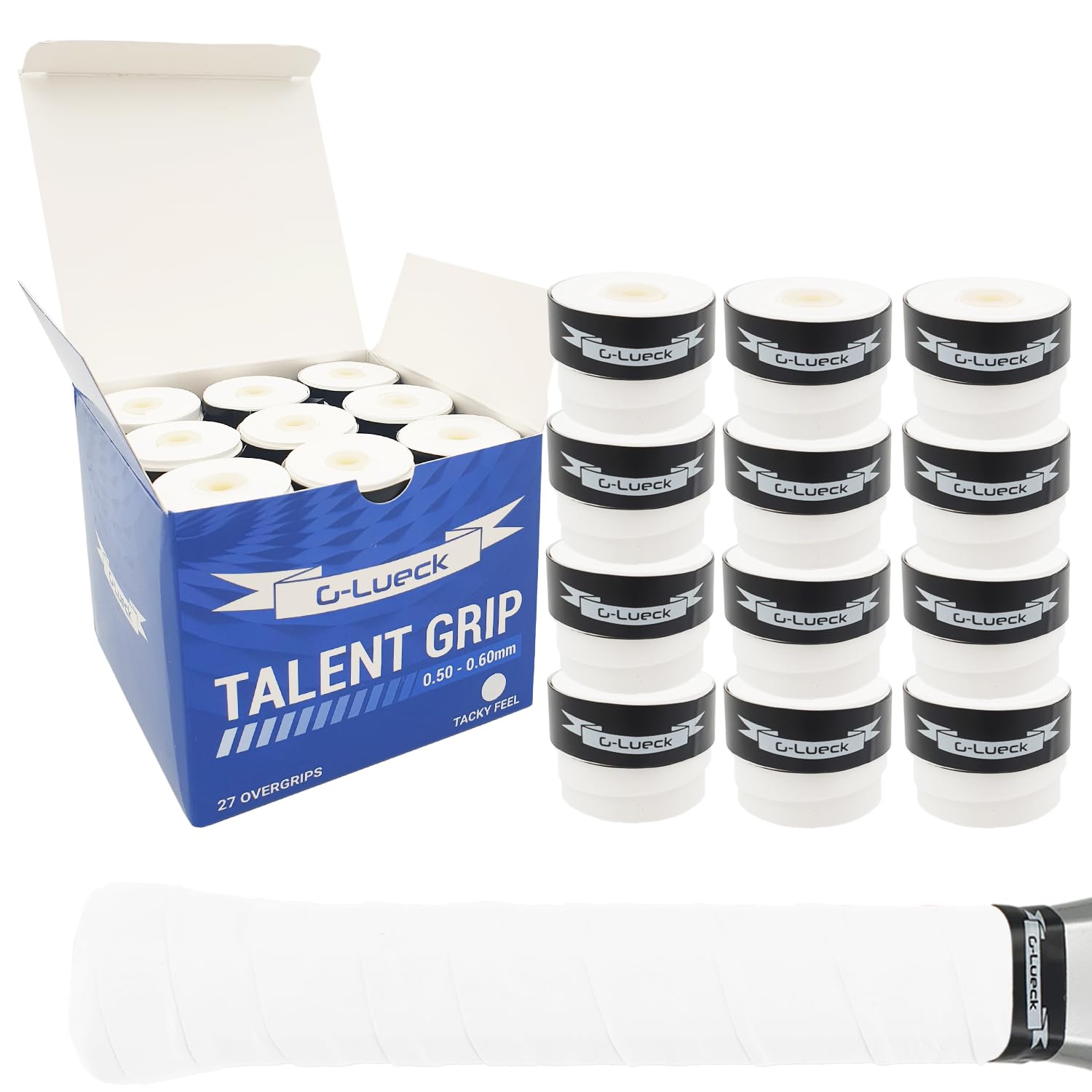 G-Lueck Talent Grip Surgrip Lot de 27 Grips de Tennis très adhérent | Épaisseur 0,60 mm | pour Raquettes de Tennis, Badminton, Squash et Padel