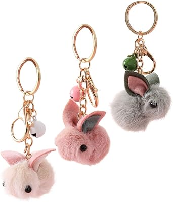 Sewroro 3pcs Rabbit Faux Fur Keychain 2023 Chinese New Year Fluffy Rabbit Keychain Bunny Keyring Handbag Purse Charms for 2023 Year of the Rabbit Party Random Color