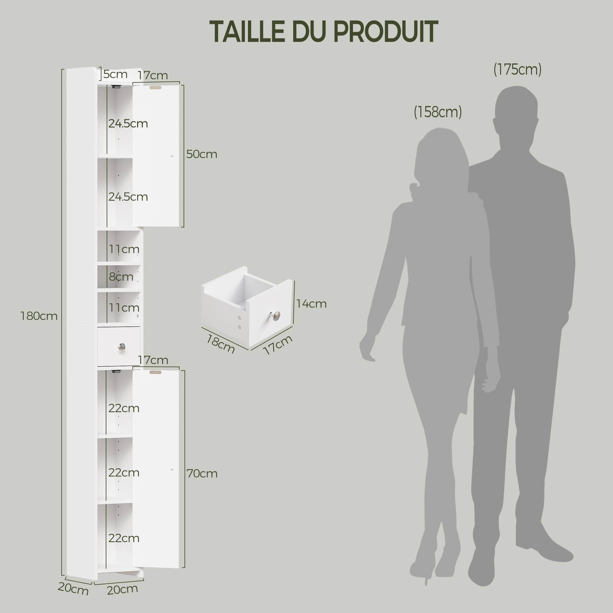 BEWISHOME Meuble Salle de Bain Étroit 20 cm, Colonne de Rangement