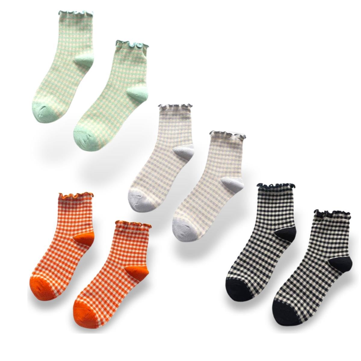 VUFVOIDWomen's Cute Ruffle Frilly Striped Color Block Cotton Knit Casual Crew Socks 4 Pairs Size 5-9