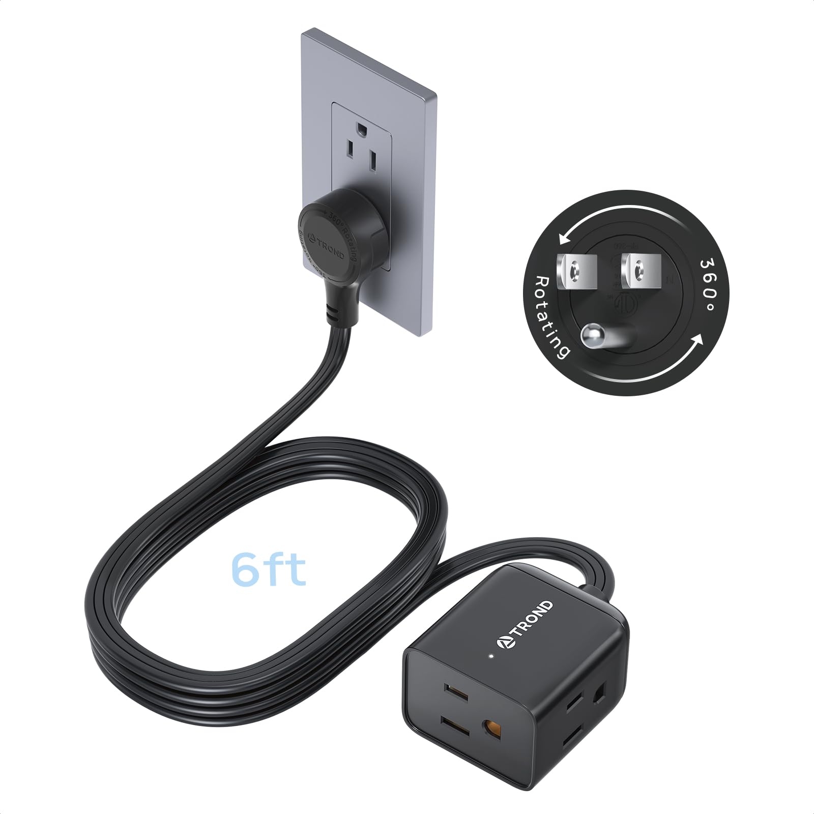 TROND 360° Rotating Flat Plug Extension Cord 6ft, Low Profile Small Power Strip, 3 Side Grounded Outlet, 13A, SPT 16/3 Gauge Cable for Indoor Home