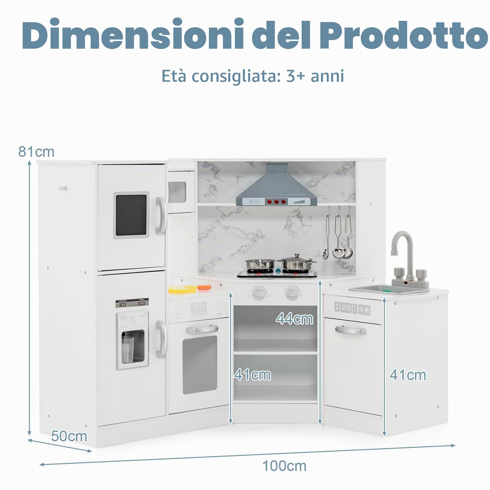 HOMASIS Cucina Angolare per Bambini in Legno, Cucina Giocattolo con Luci, Suoni e Vapore, Lavello, Fornello, Forno, Macchina del Ghiaccio, Frigorifero, Lavagna, per Bambini da 3+ Anni (Bianco)