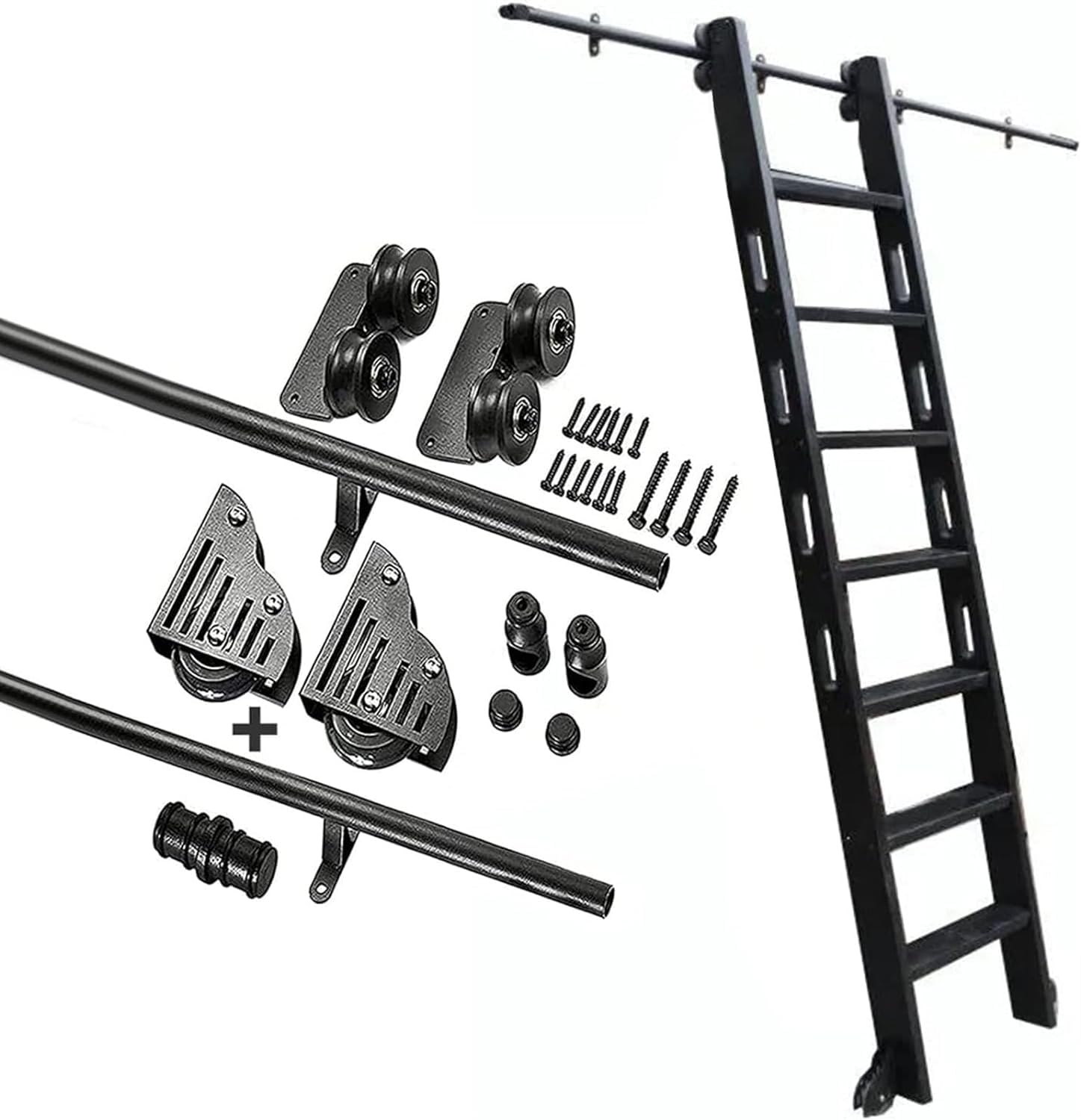 DFGHNBVC 10Ft Sliding Barn Door Track Hardware Kit For Home Office, Rolling Library Ladder Rail System, Movable Ladder Track With Brake Wheels, Easy Install, No Ladder Included,10Ft/300Cm Track Kit