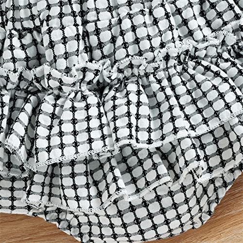 Patpat 95% Cotton Baby Girl Romper Dress Set Ruffle-Sleeve Bowknot White Plaid Layered Romper With Headband Set Outfits White 6-9 Months #TOP4