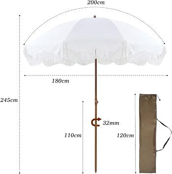 2m Garden Parasol With Tilt Boho Beach Umbrella With Fringe Outdoor Patio Umbrella UV50+ Protection Balcony Umbrella Waterproof Holiday Beach Parasol With Carry Bag Portable Parasol For Deck Pool