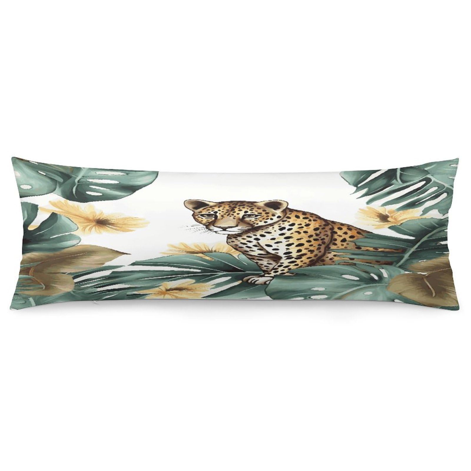 Leopard and Palm Leaves Pillow Case Soft Breathable Long Pillowcover Pillow Protector Suitable for Sofas Car Chairs and Any Room
