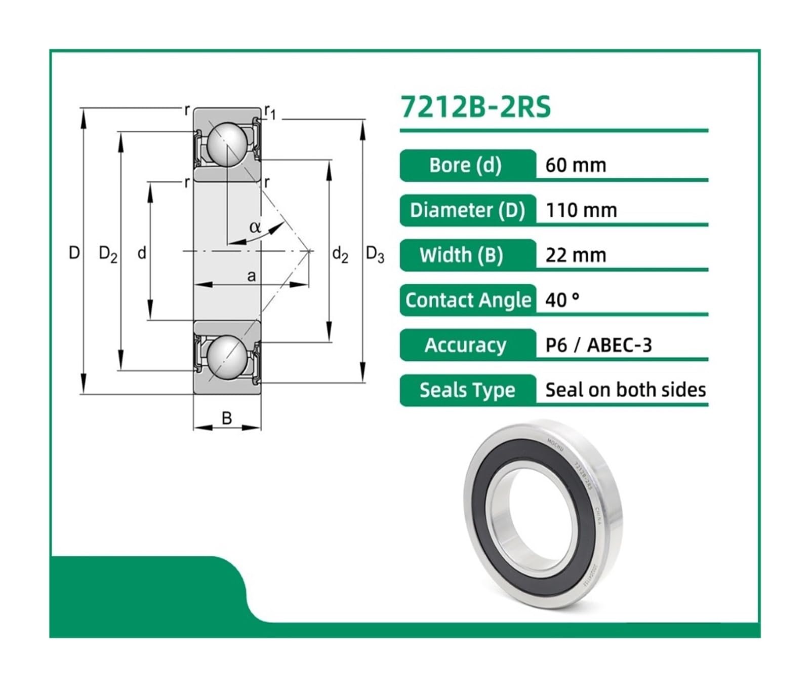 1 pz 7212B-2RS 60X110X22 7212B 7212-B-2RS-TVP Cuscinetti a Sfere a Contatto Obliquo ABEC-3