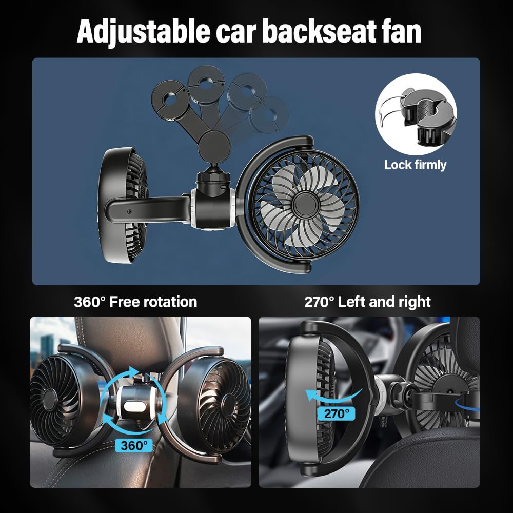 Ventilateur de Voiture à Double Tête, Ventilateur Voiture USB, Siège Arrière, 3 Vitesses, Rotation 360°, Pour Véhicules, Camions, SUV