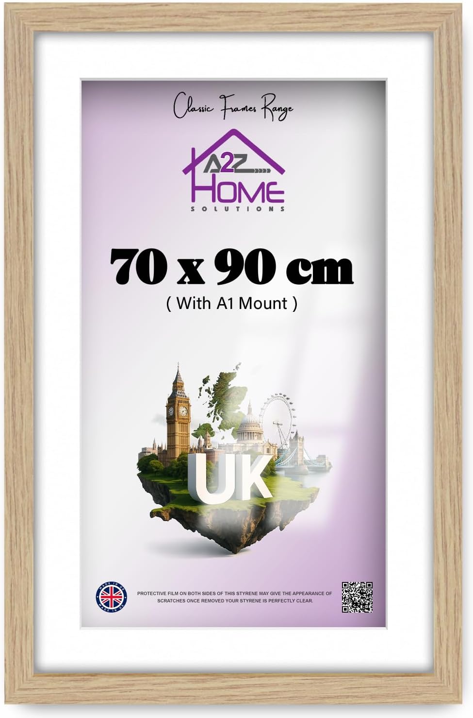Wall Photo Frame Oak 70x90 cm Frame With 80x60 cm Mount Picture Poster Print With Clear HD Perspex 30x15 MM Moulding Mounting Hooks MDF Backboard