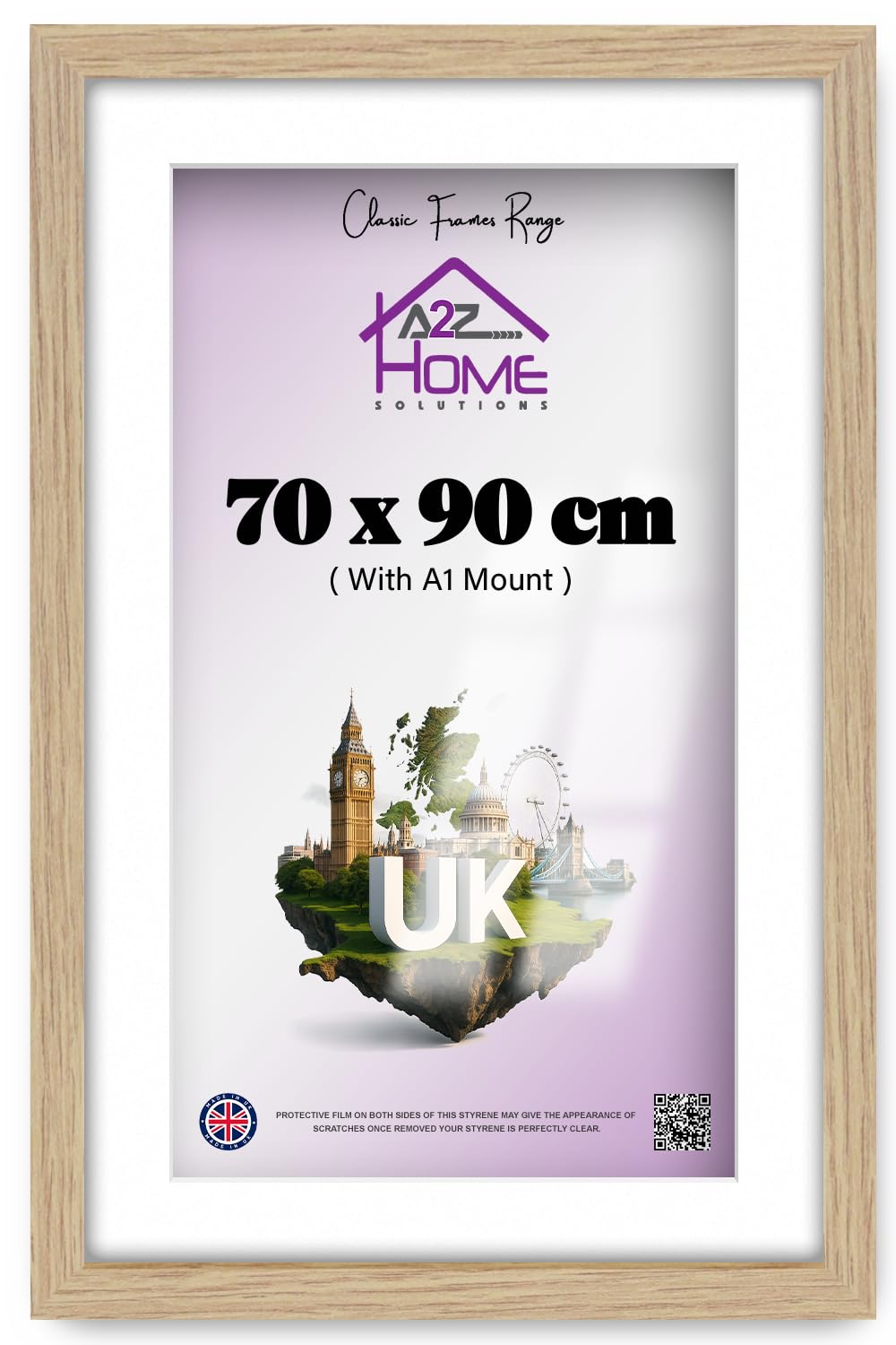 Wall Photo Frame Oak 70x90 cm Frame With 80x60 cm Mount Picture Poster Print With Clear HD Perspex 30x15 MM Moulding Mounting Hooks MDF Backboard