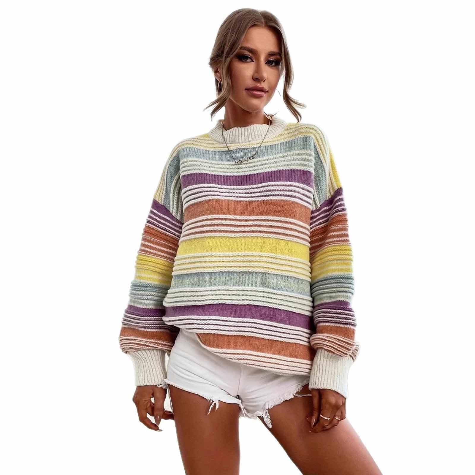 Striped Rainbow Color Blocking Round Neck Pullover Sweater Retro Lazy Style Loose Versatile Autumn Winter Womens