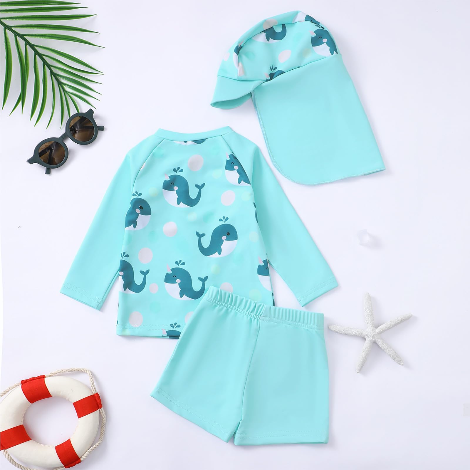 Baby N -Set für Jungen mit Dinosaurier-Print, langärmeliges Rashguard-Schwimmshirt mit Badehose Mütze für Babys Kleinkinder von 0 bis 3 Jahren, Sommer-Strand-Pool-Outfit (Mint Green1, 6-12 Months)