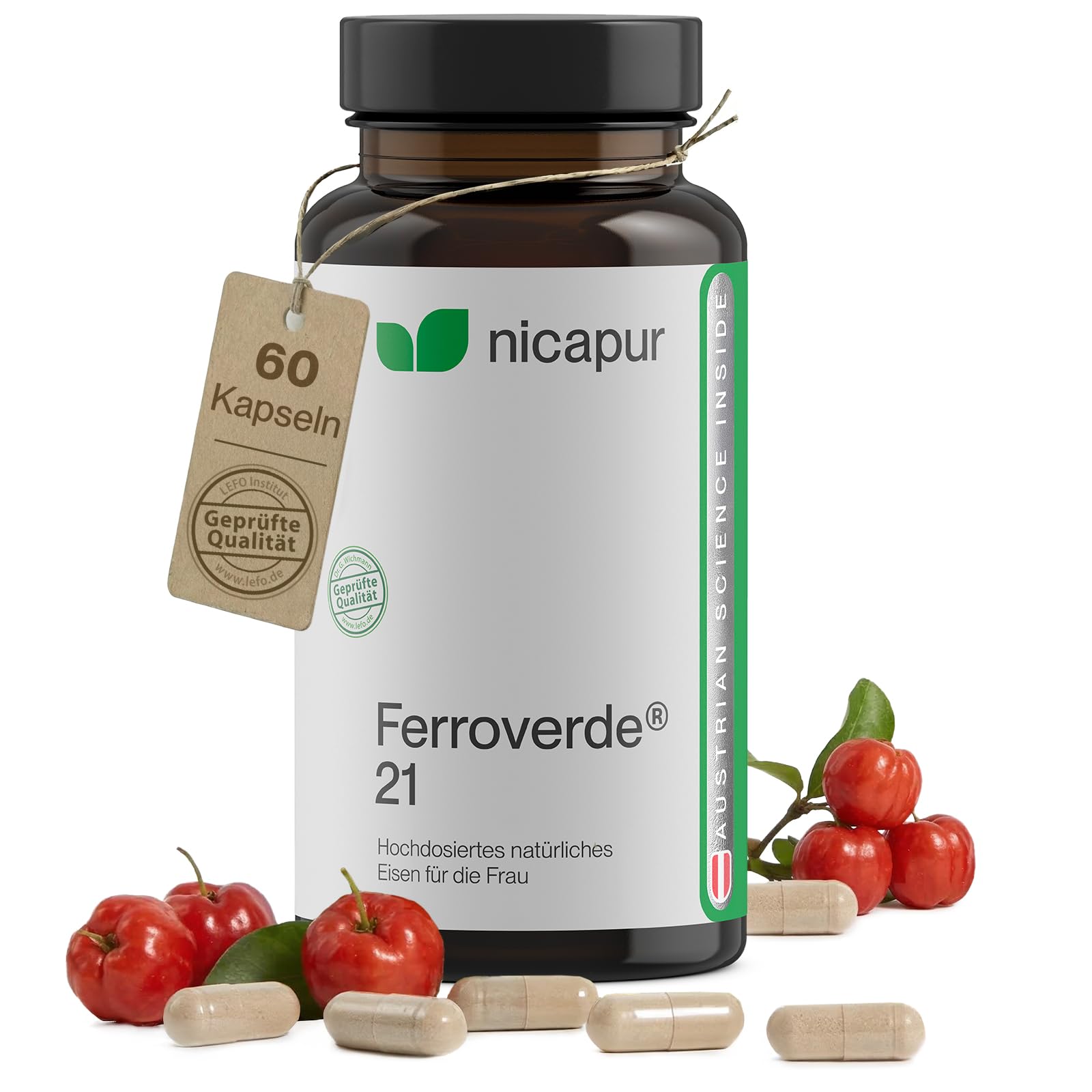 nicapur Ferroverde 21 – 21 mg hochdosiertes Eisen mit Vitamin C aus roter Acerola – 60 Kapseln, vegan, laktosefrei & laborgeprüft