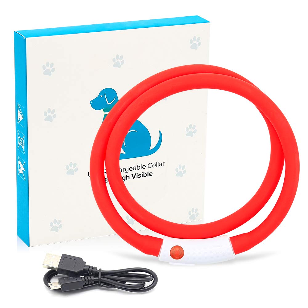 BSEEN Light Up Dog Collar, Silicone LED Dog Collar Rechargeable Cat Collar Cuttable Glowing Puppy Necklace Safety Dog Lights for Night Walking (Red)